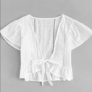 White Plunging Neckline Tie Front Crop Top